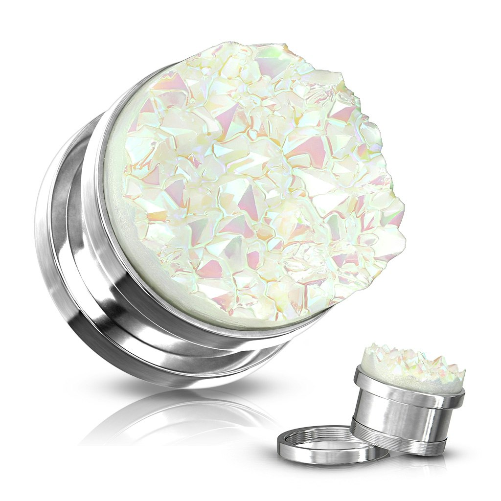 Plugg / töjning i kirurgiskt stål med vit druzy stone front (6-16mm)