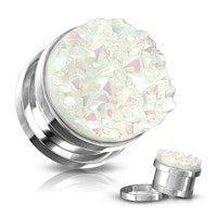 Plugg / töjning i kirurgiskt stål med vit druzy stone front (6-16mm)