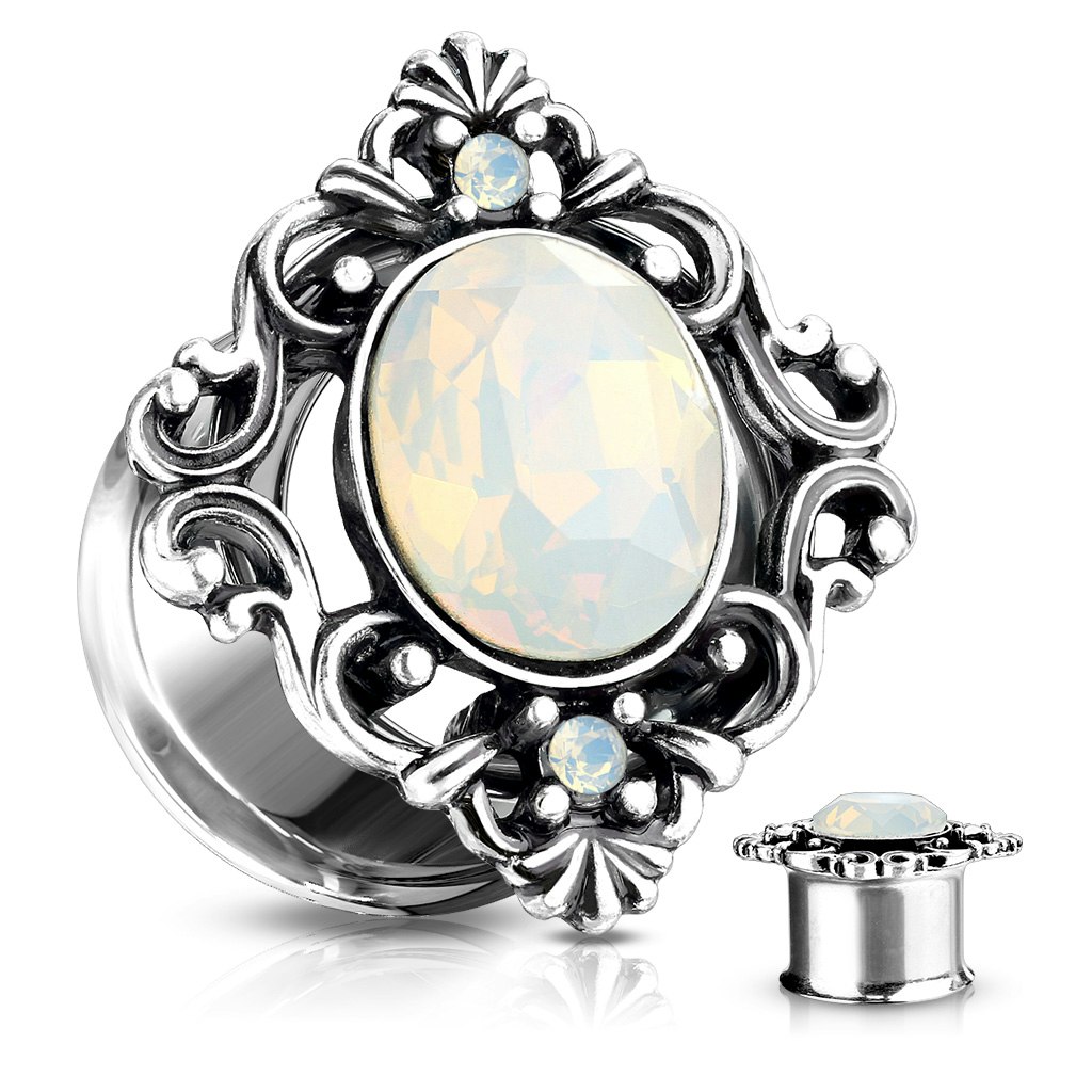 Plugg / töjning med filigran och oval syntetisk opal (6-16mm)