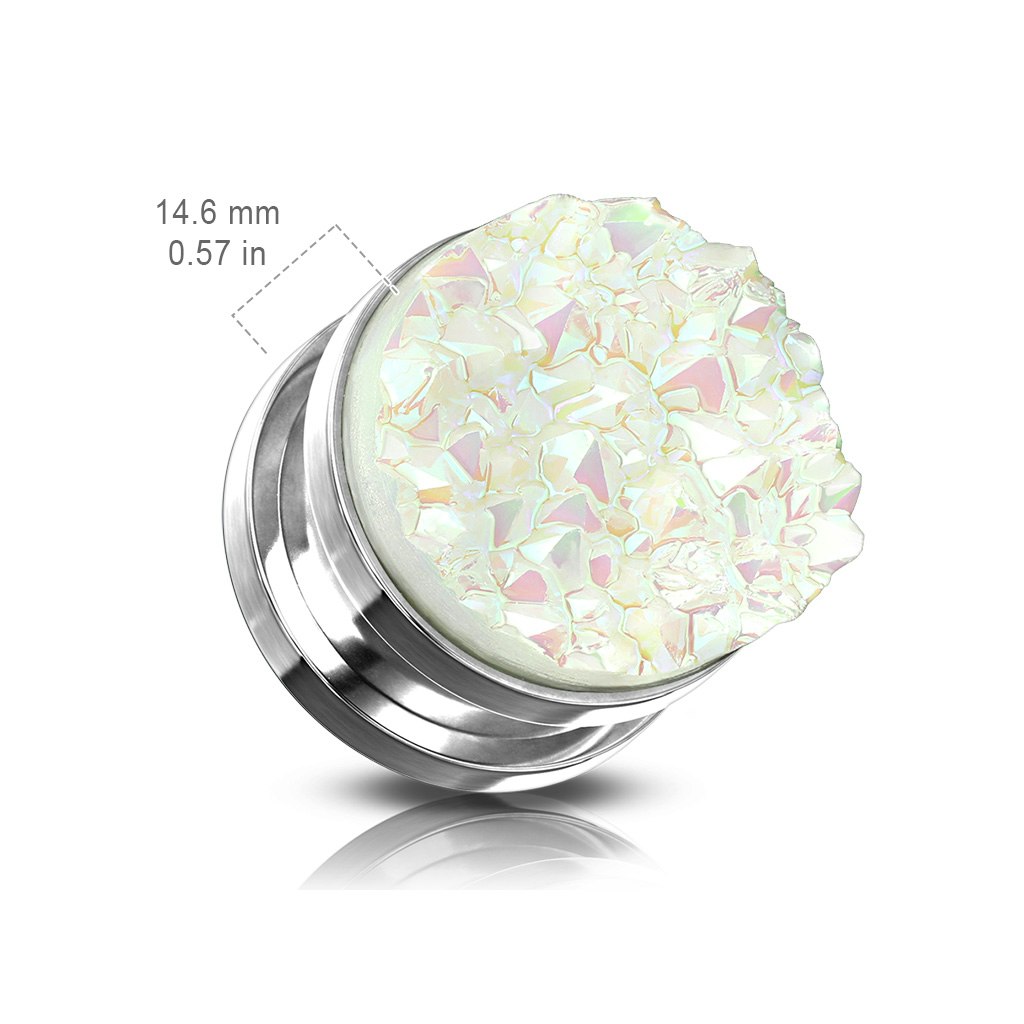 Plugg / töjning i kirurgiskt stål med vit druzy stone front (6-16mm)