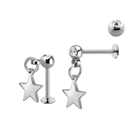 Labret / flat back i kirurgiskt stål 1,2mm med crystalkula och stjärna i hänge