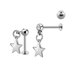 Labret / flat back i kirurgiskt stål 1,2mm med crystalkula och stjärna i hänge