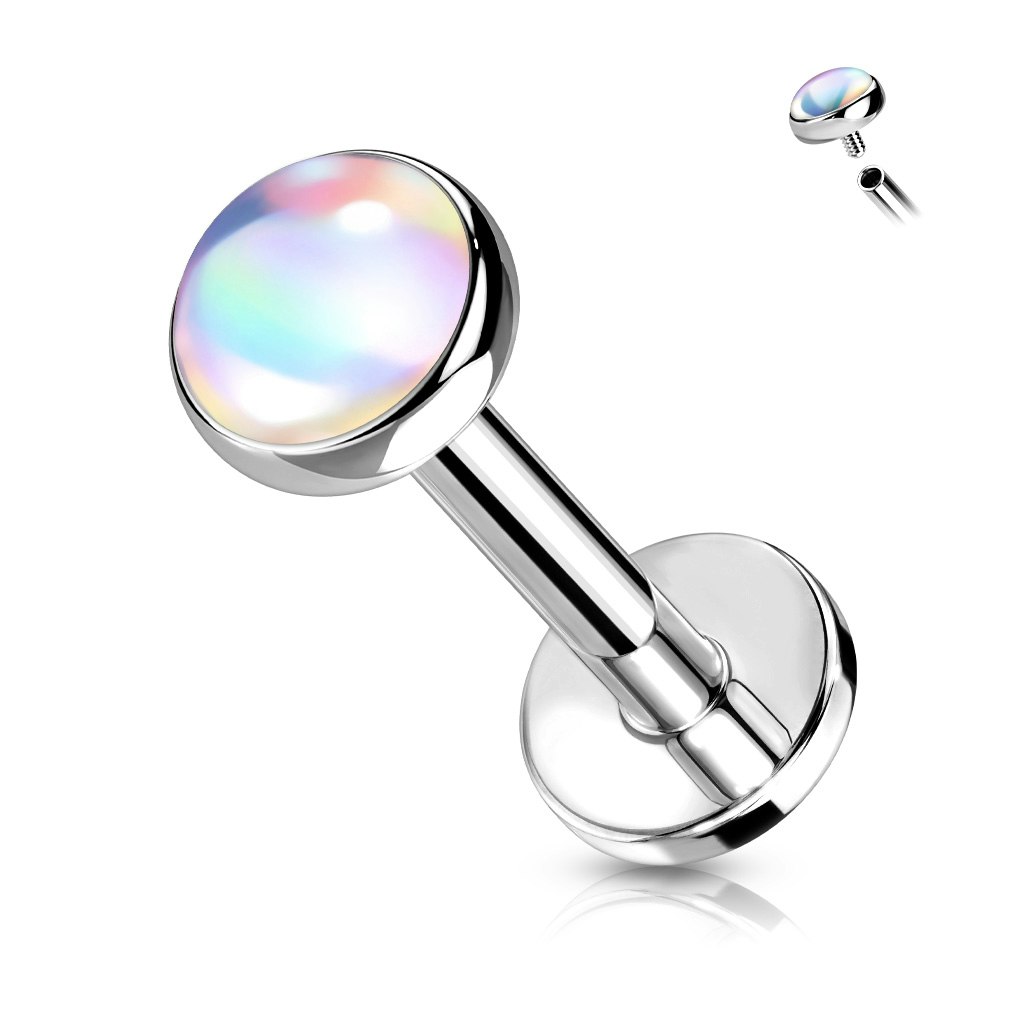 Labret / flat back 1,2mm i kirurgiskt stål - invändigt gängad med 4mm platt iriserande sten