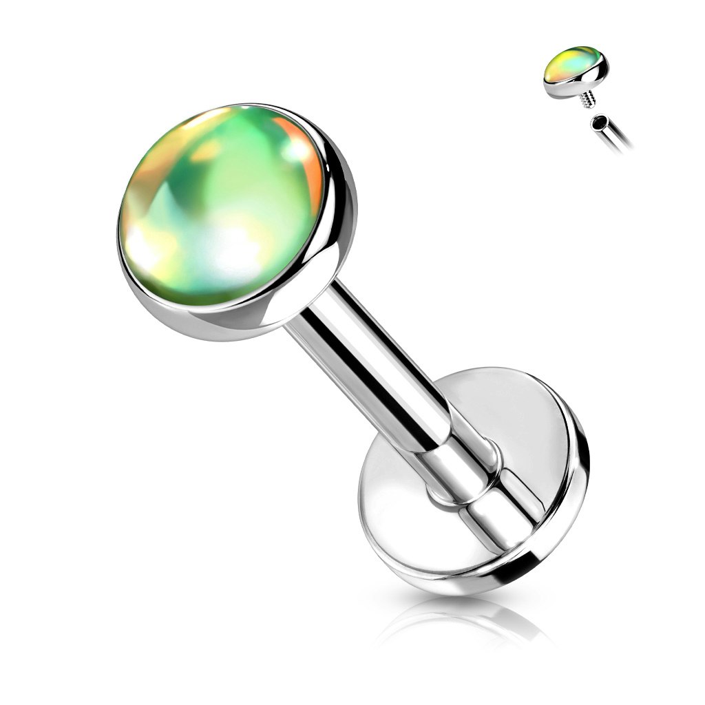 Labret / flat back 1,2mm i kirurgiskt stål - invändigt gängad med 4mm platt iriserande sten