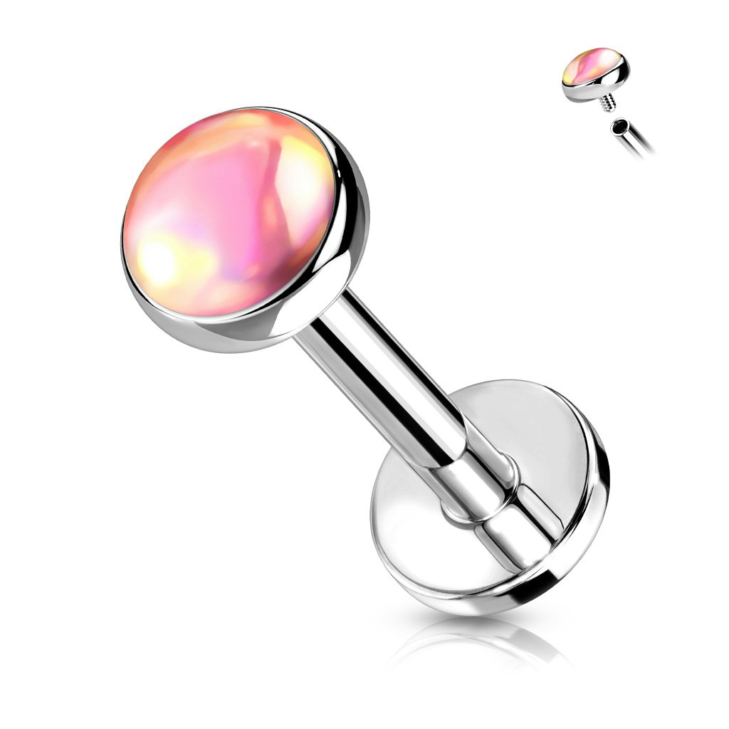 Labret / flat back 1,2mm i kirurgiskt stål - invändigt gängad med 4mm platt iriserande sten