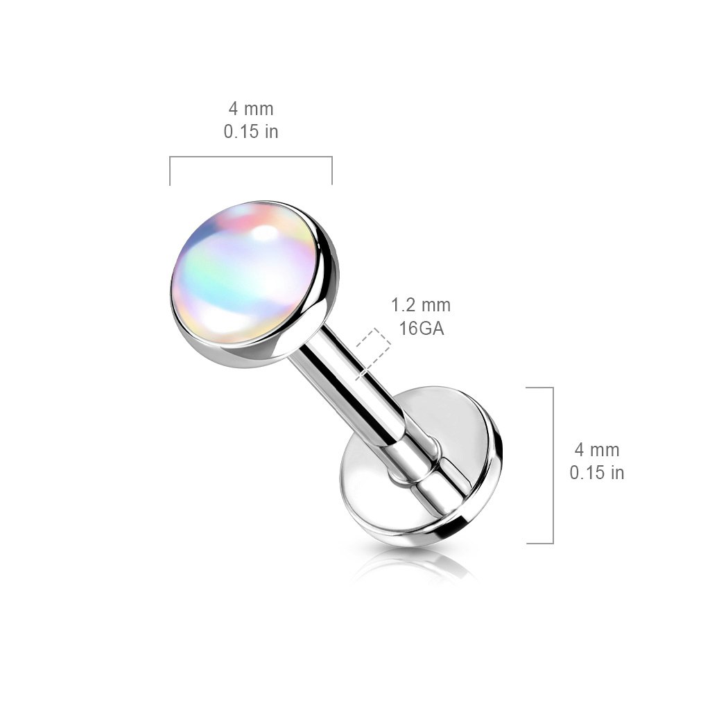 Labret / flat back 1,2mm i kirurgiskt stål - invändigt gängad med 4mm platt iriserande sten