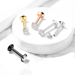 Labret / flat back i titanium - invändigt gängad med rund kubisk zirconia