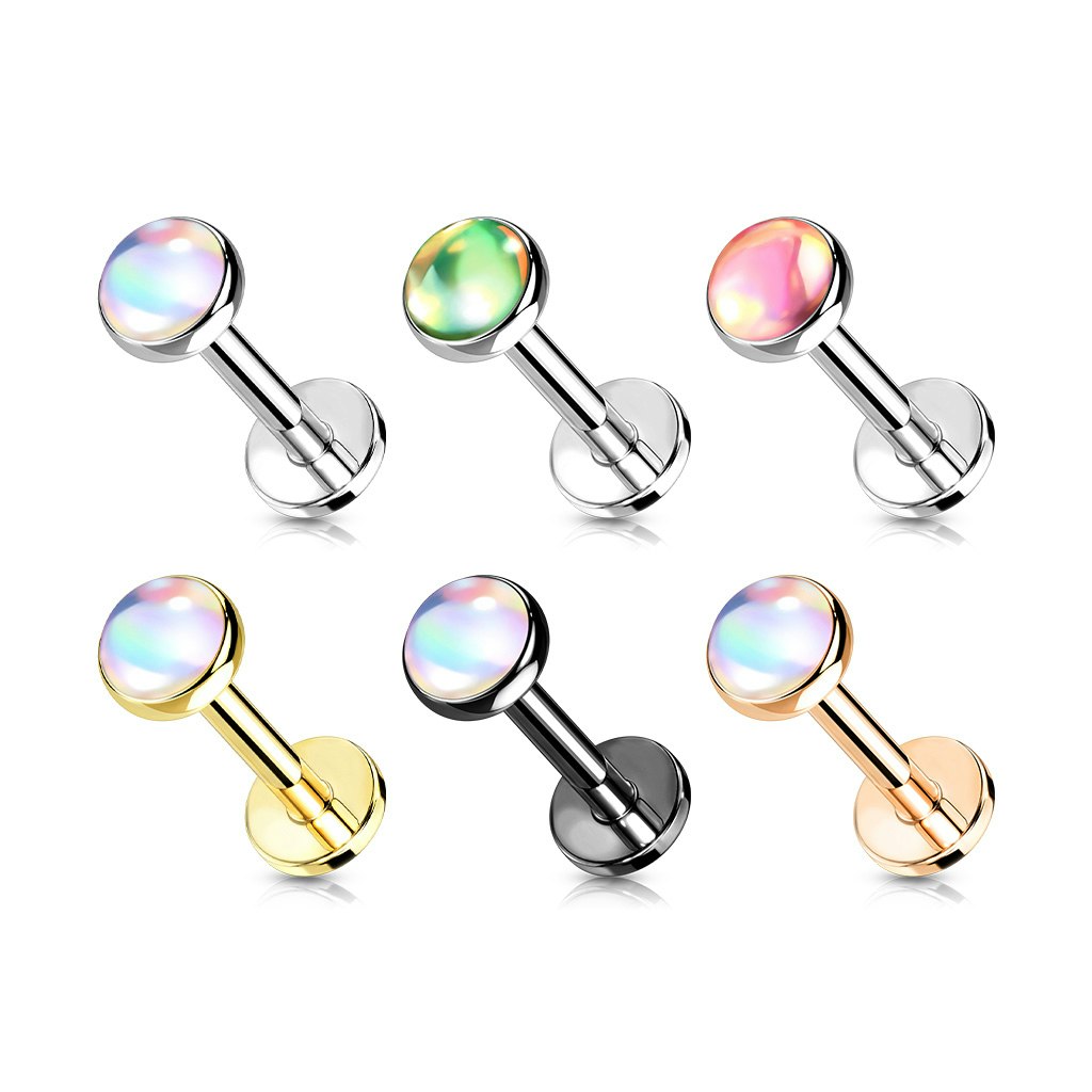 Labret / flat back 1,2mm i kirurgiskt stål - invändigt gängad med 4mm platt iriserande sten