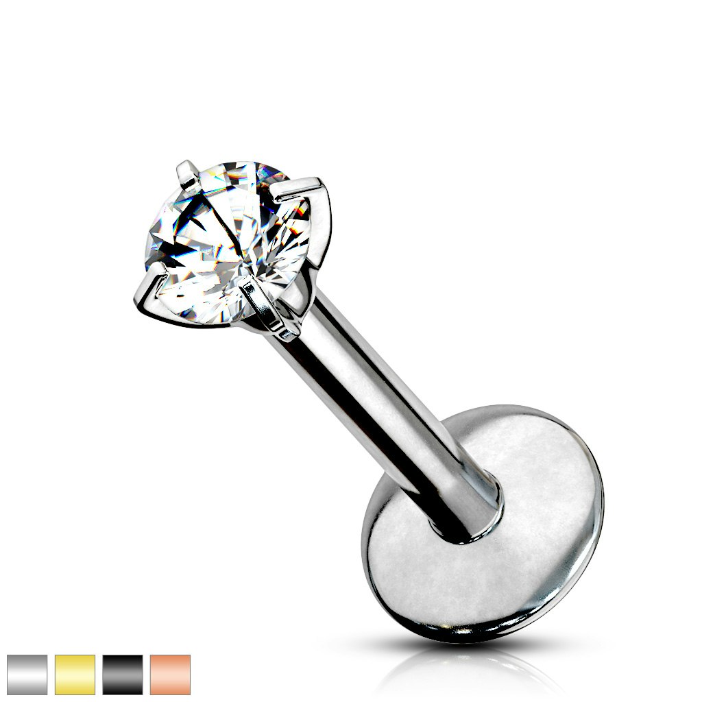 Labret / flat back i titanium - invändigt gängad med rund kubisk zirconia