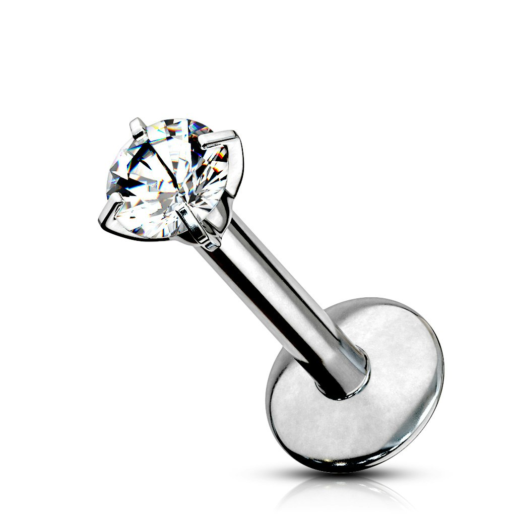 Labret / flat back i titanium - invändigt gängad med rund kubisk zirconia