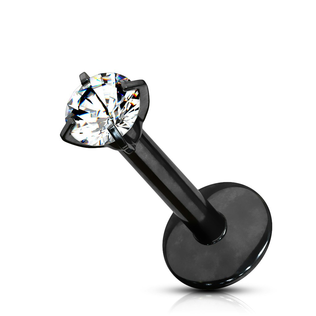 Labret / flat back i titanium - invändigt gängad med rund kubisk zirconia