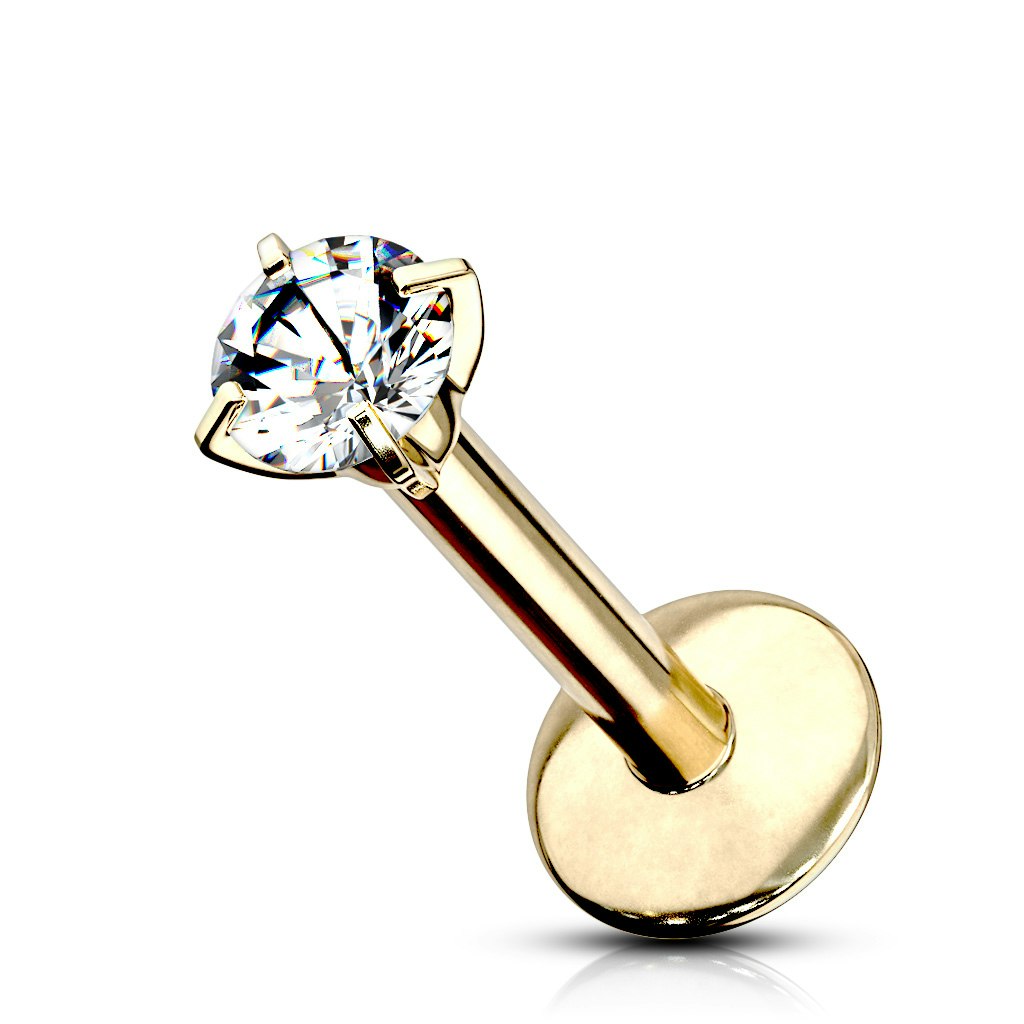 Labret / flat back i titanium - invändigt gängad med rund kubisk zirconia