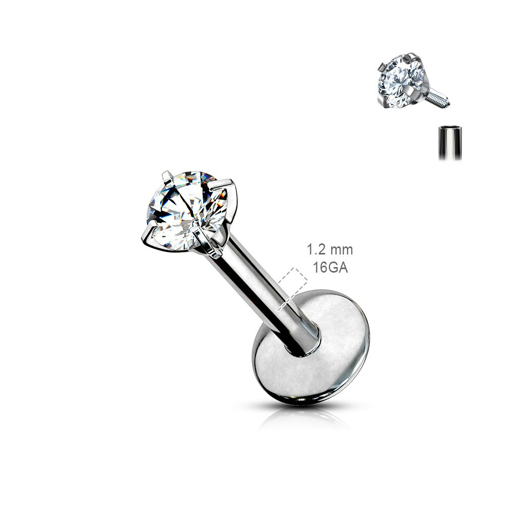 Labret / flat back i titanium - invändigt gängad med rund kubisk zirconia