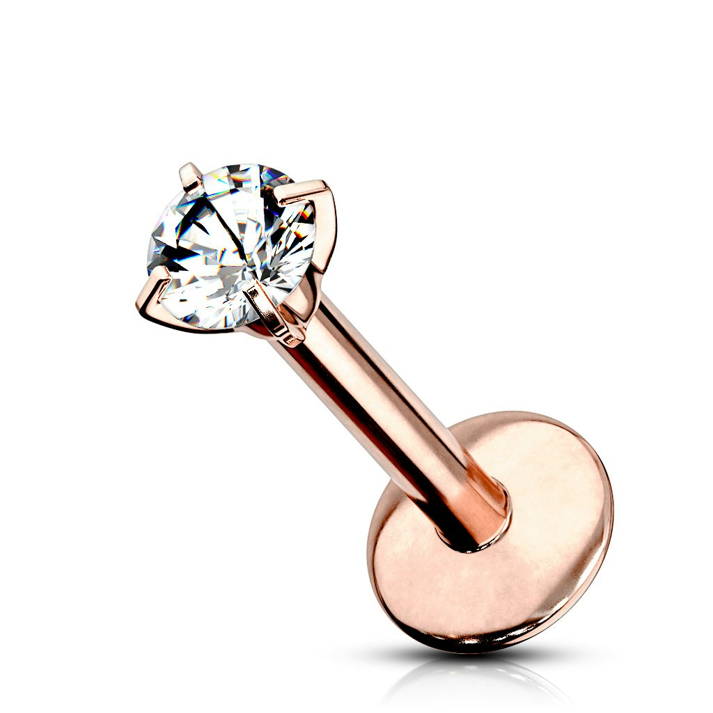 Labret / flat back i titanium - invändigt gängad med rund kubisk zirconia