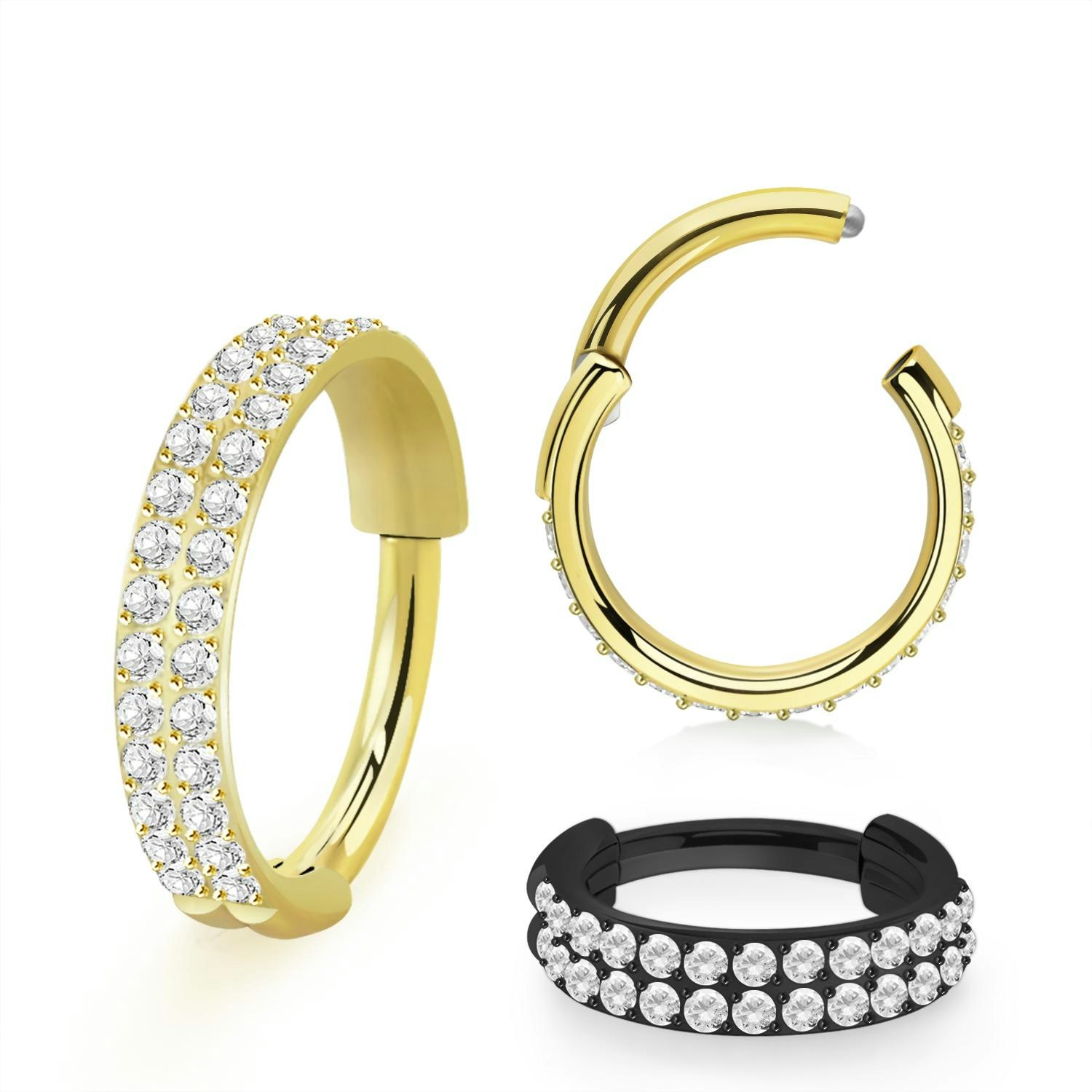 Clicker ring 1,2mm i PVD-pläterad titanium - dubbla rader kubisk zirconia på ytterkanten