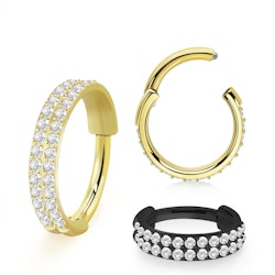 Clicker ring 1,2mm i PVD-pläterad titanium - dubbla rader kubisk zirconia på ytterkanten