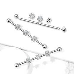 Titanium industrial barbell 1,6mm med tre blommor med kubisk zirconia