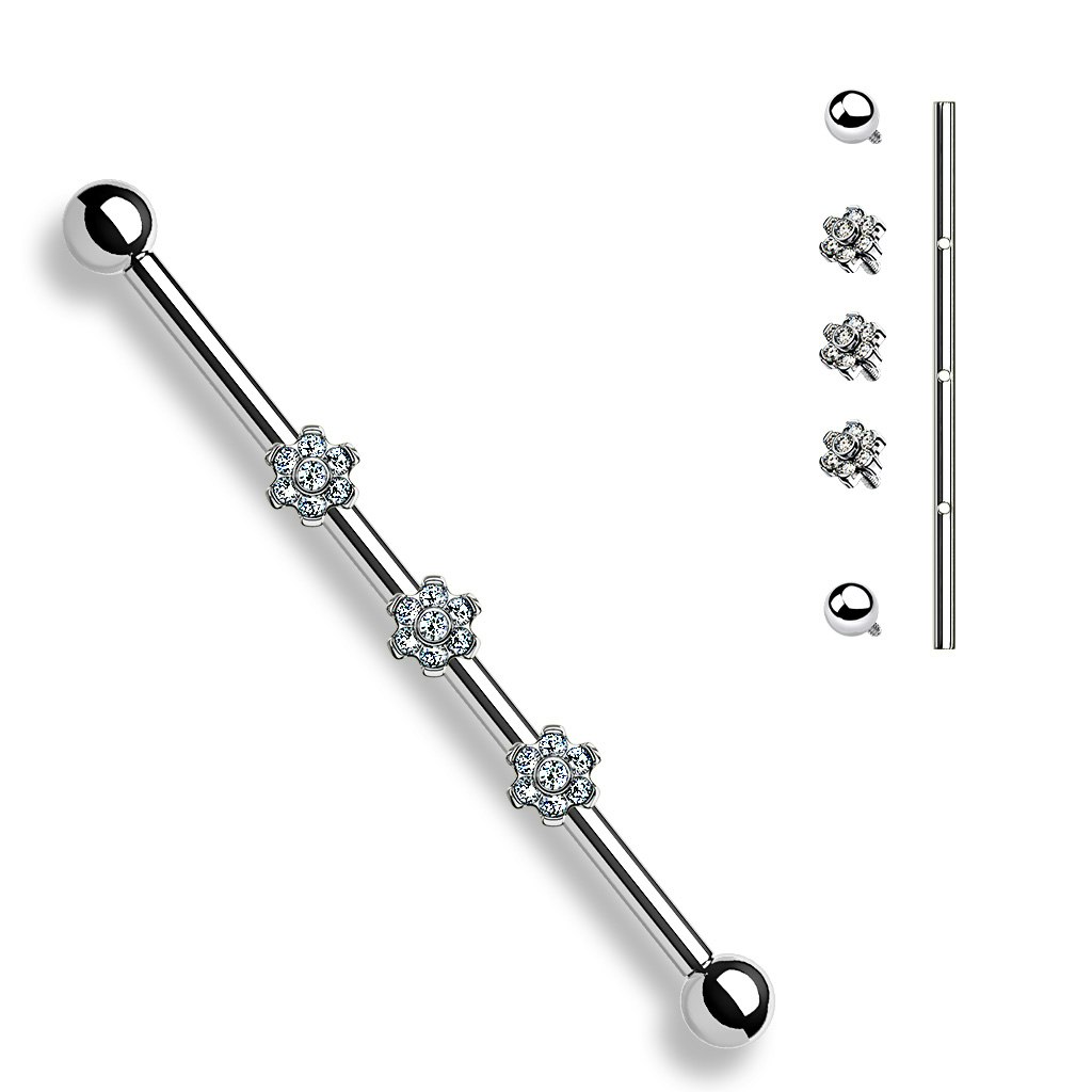 Titanium industrial barbell 1,6mm med tre blommor med kubisk zirconia