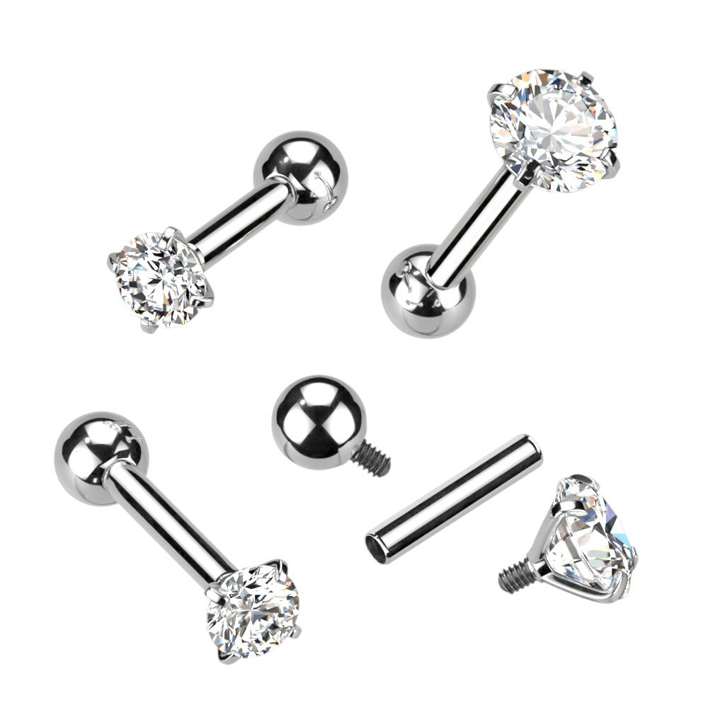 Barbell i titanium - invändigt gängad 1,0mm eller 1,2mm med kloinfattad klar kubisk zirconia