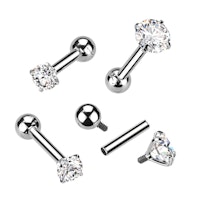 Barbell i titanium - invändigt gängad 1,0mm eller 1,2mm med kloinfattad klar kubisk zirconia