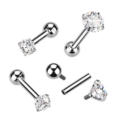 Barbell i titanium - invändigt gängad 1,0mm eller 1,2mm med kloinfattad klar kubisk zirconia