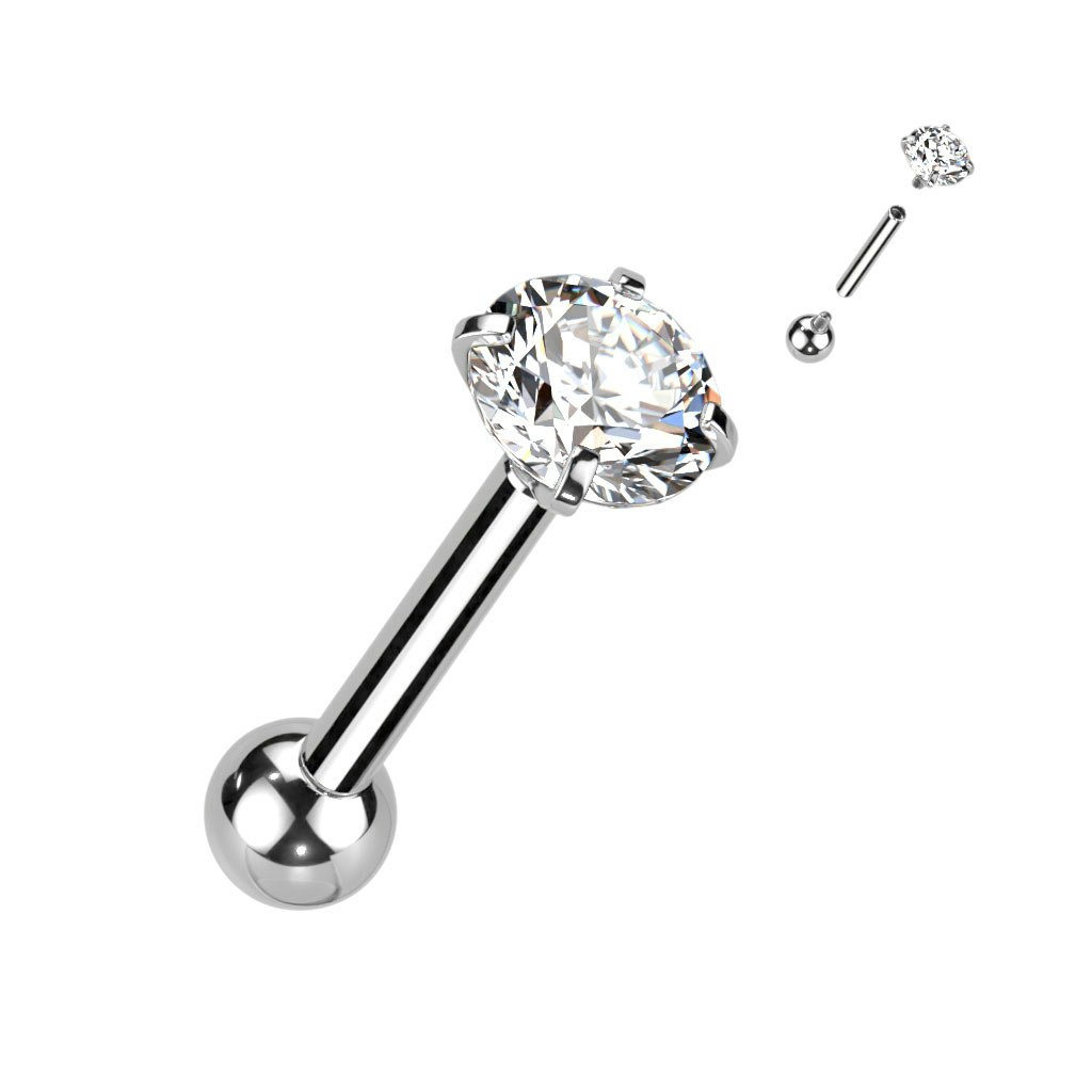 Barbell i titanium - invändigt gängad 1,0mm eller 1,2mm med kloinfattad klar kubisk zirconia