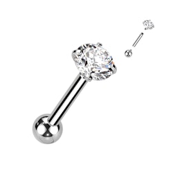 Barbell i titanium - invändigt gängad 1,0mm eller 1,2mm med kloinfattad klar kubisk zirconia