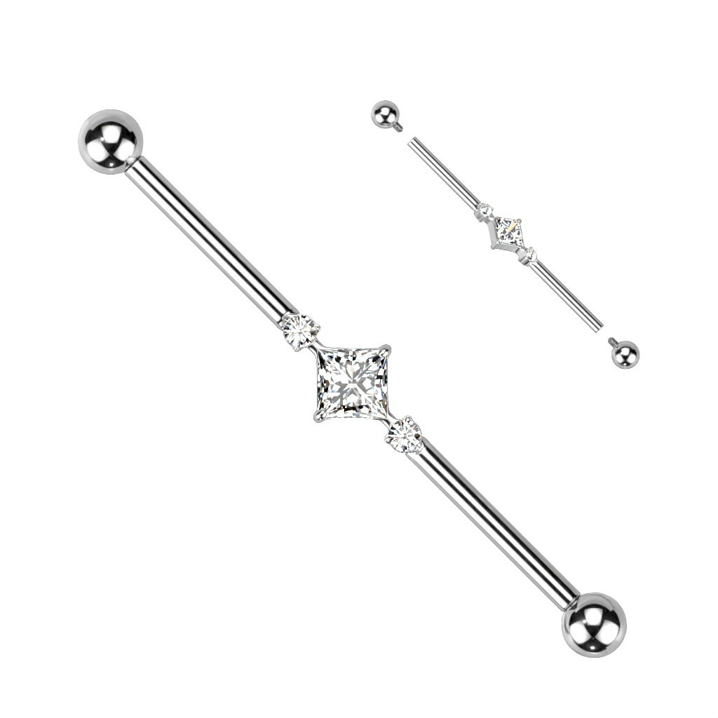 Industrial barbell i titanium 1,6mm - fyrkantig centrerad och två runda kubisk zirconia
