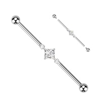 Industrial barbell i titanium 1,6mm - fyrkantig centrerad och två runda kubisk zirconia