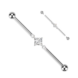 Industrial barbell i titanium 1,6mm - fyrkantig centrerad och två runda kubisk zirconia