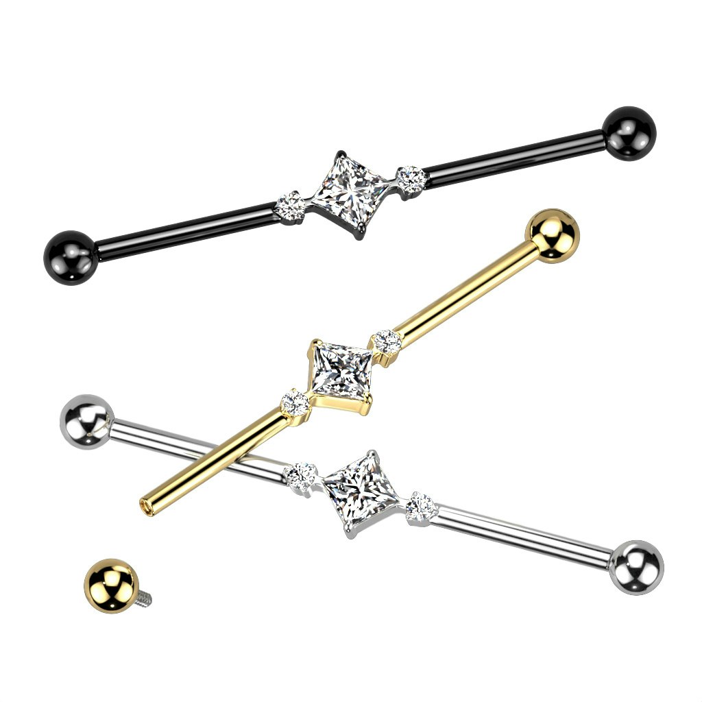 Industrial barbell i titanium 1,6mm - fyrkantig centrerad och två runda kubisk zirconia