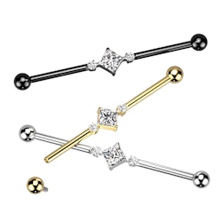 Industrial barbell i titanium 1,6mm - fyrkantig centrerad och två runda kubisk zirconia