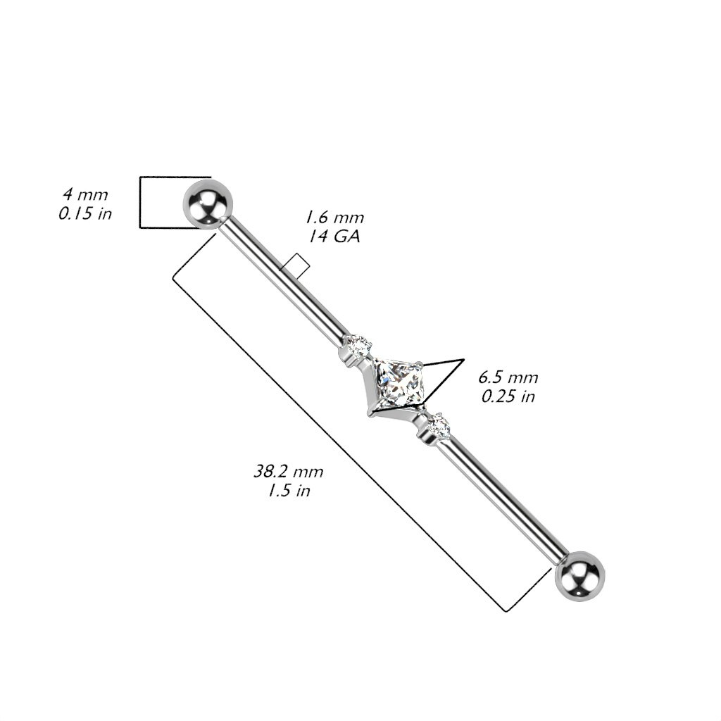 Industrial barbell i titanium 1,6mm - fyrkantig centrerad och två runda kubisk zirconia
