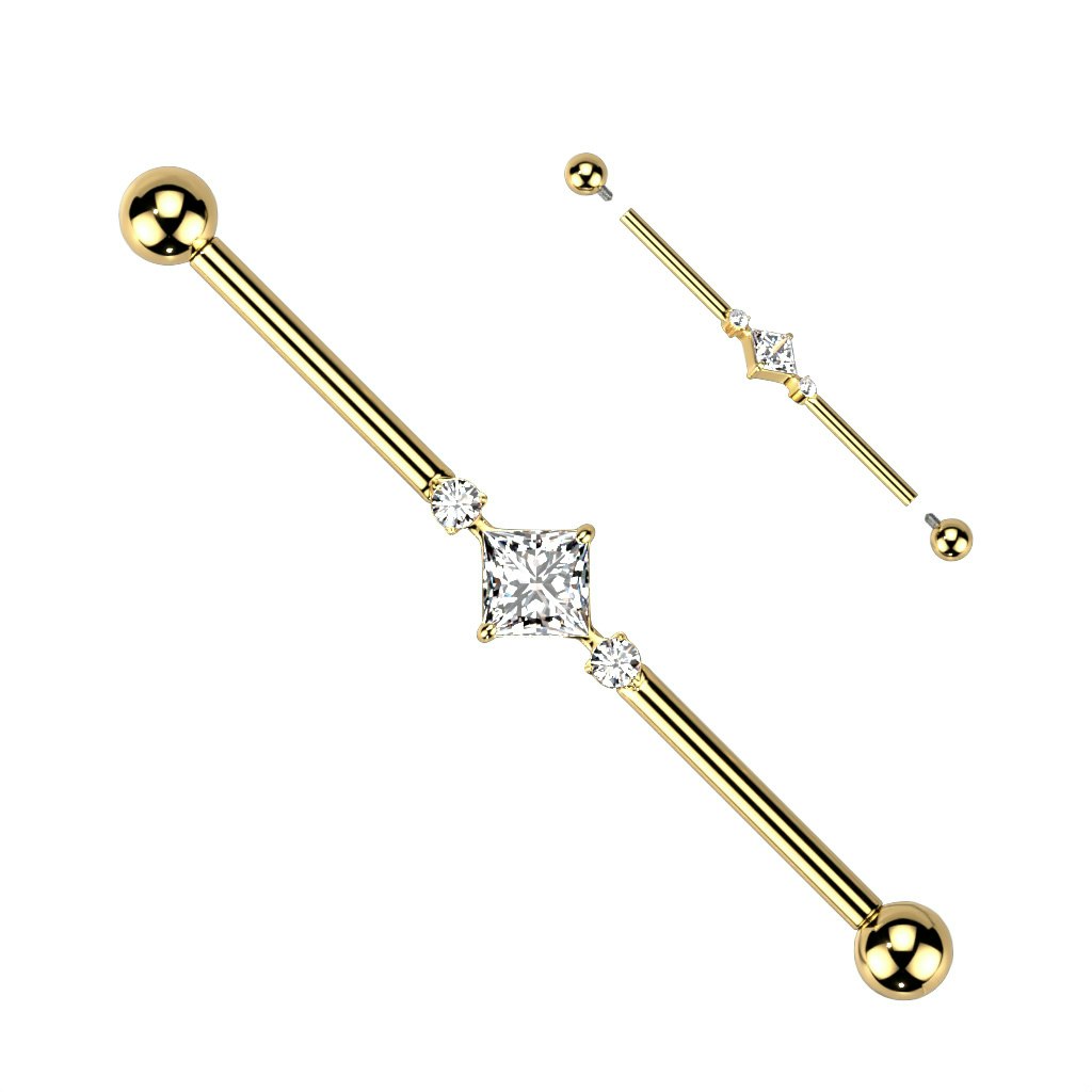 Industrial barbell i titanium 1,6mm - fyrkantig centrerad och två runda kubisk zirconia