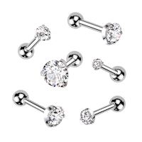 Barbell i kirurgiskt stål 1,0 eller 1,2mm med kloinfattad klar kubisk zirconia