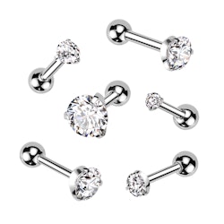 Barbell i kirurgiskt stål 1,0 eller 1,2mm med kloinfattad klar kubisk zirconia