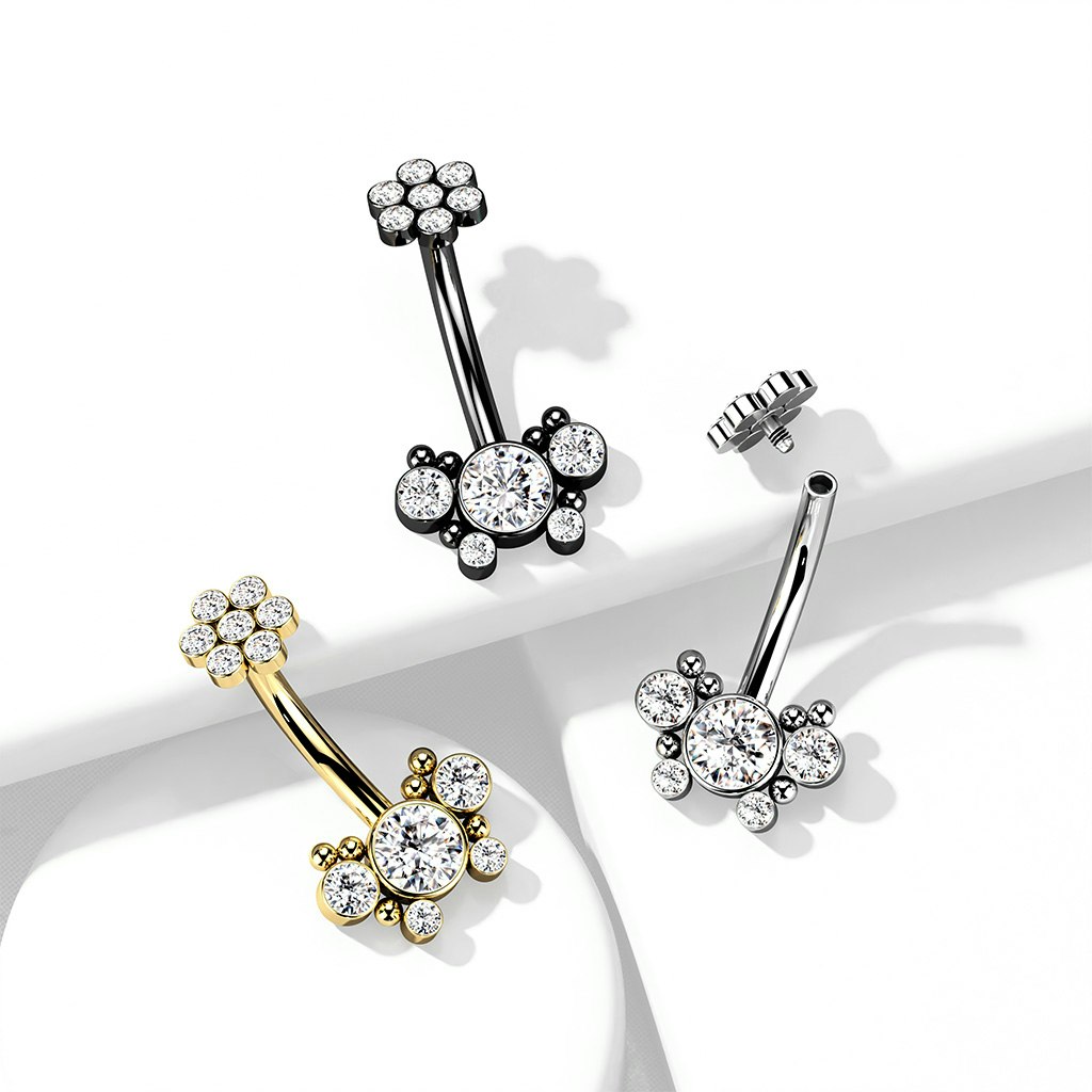 Navelsmycke i kirurgiskt stål 1,6mm invändigt gängad med kubisk zirconia blomma och fjäril
