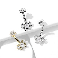 Navelsmycke i kirurgiskt stål 1,6mm invändigt gängad med kubisk zirconia blomma och fjäril