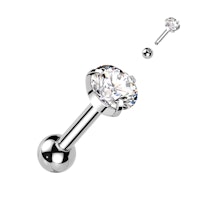 Barbell i kirurgiskt stål 1,0 eller 1,2mm med kloinfattad klar kubisk zirconia