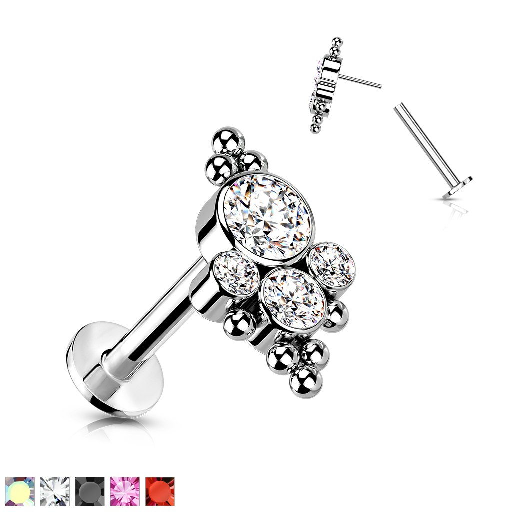 Labret / flat back 1,2mm i titanium treadless med bollkluster och kubisk zirconia