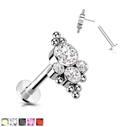 Labret / flat back 1,2mm i titanium treadless med bollkluster och kubisk zirconia