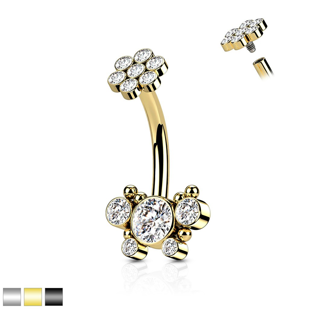 Navelsmycke i kirurgiskt stål 1,6mm invändigt gängad med kubisk zirconia blomma och fjäril