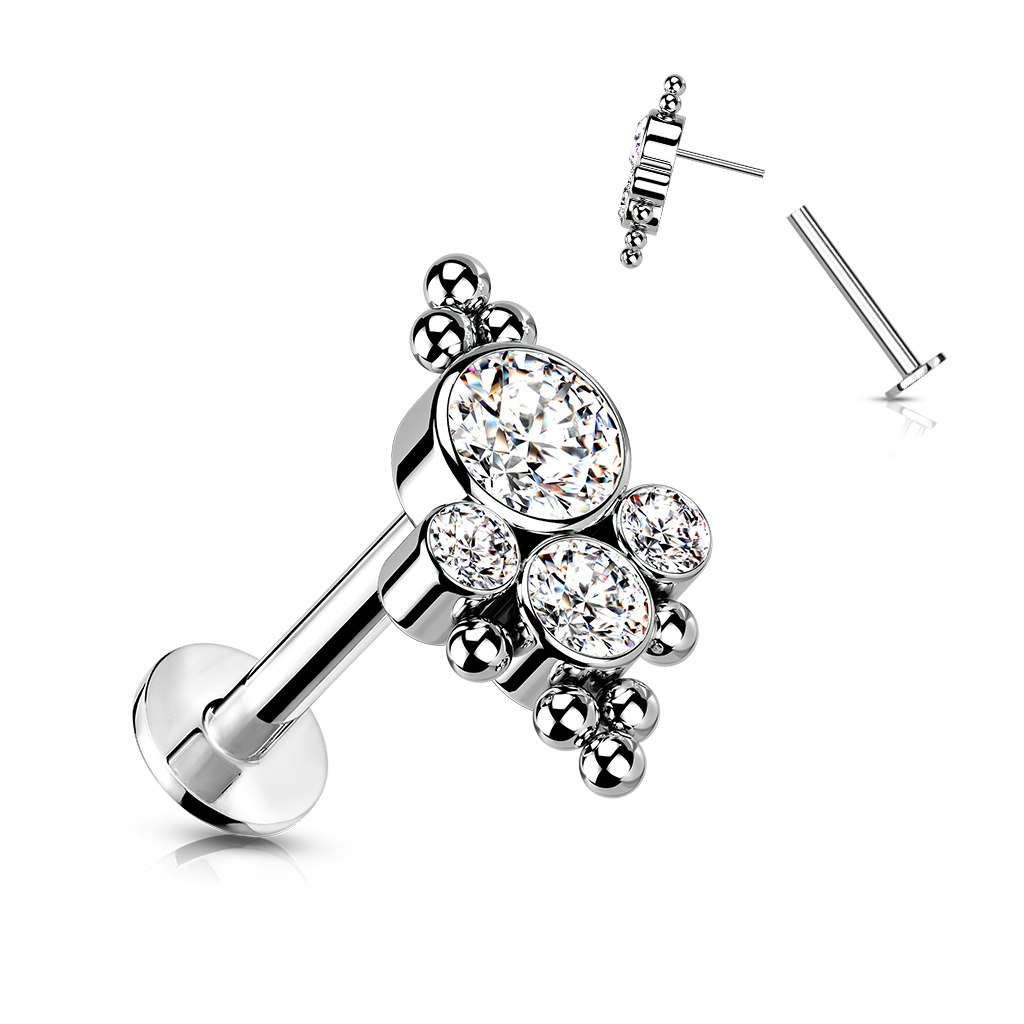 Labret / flat back 1,2mm i titanium treadless med bollkluster och kubisk zirconia