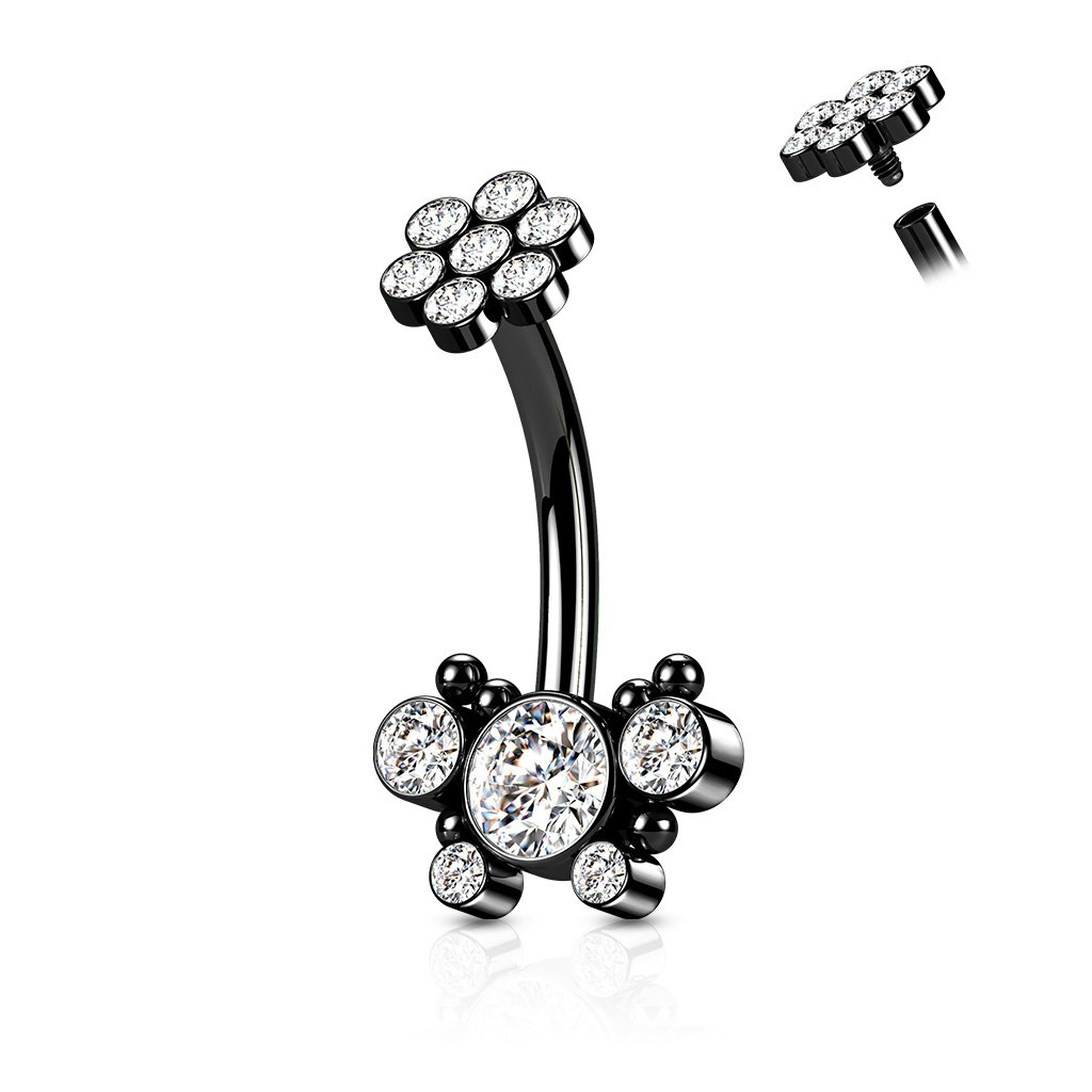 Navelsmycke i kirurgiskt stål 1,6mm invändigt gängad med kubisk zirconia blomma och fjäril