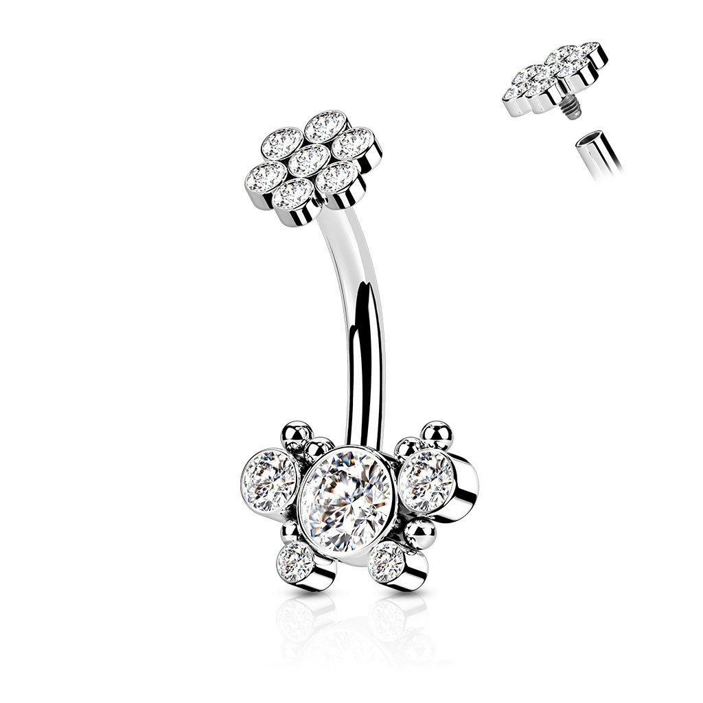 Navelsmycke i kirurgiskt stål 1,6mm invändigt gängad med kubisk zirconia blomma och fjäril