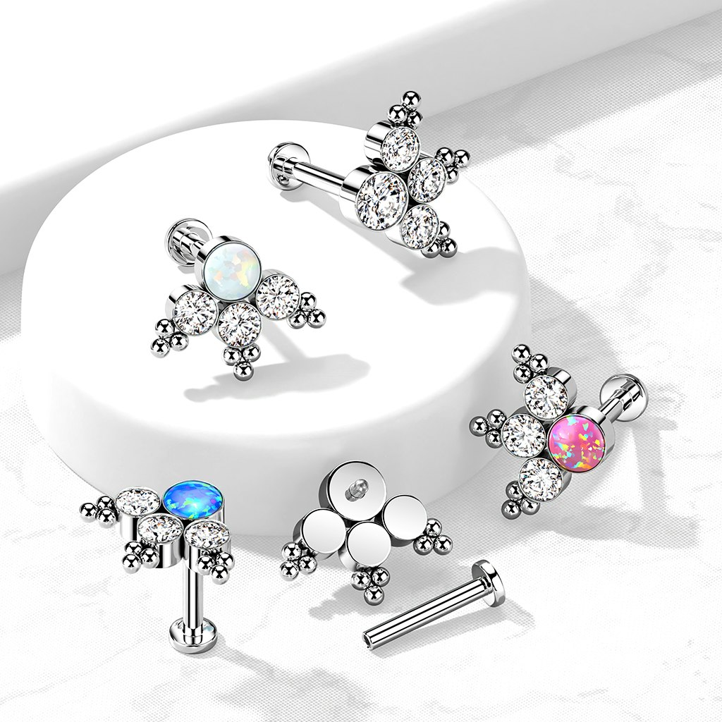Labret / flat back piercing i titanium 1,2mm - Bollkluster med kubisk zirconia eller opal