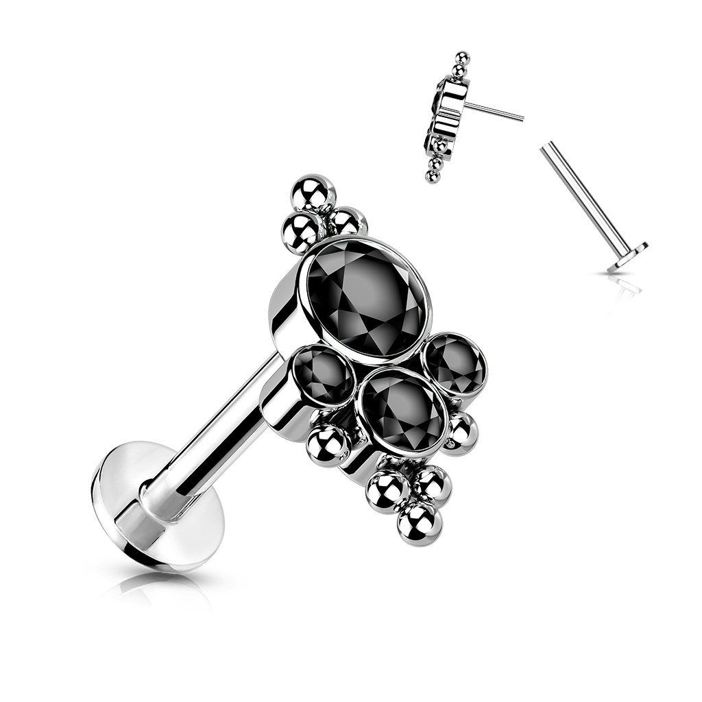 Labret / flat back 1,2mm i titanium treadless med bollkluster och kubisk zirconia
