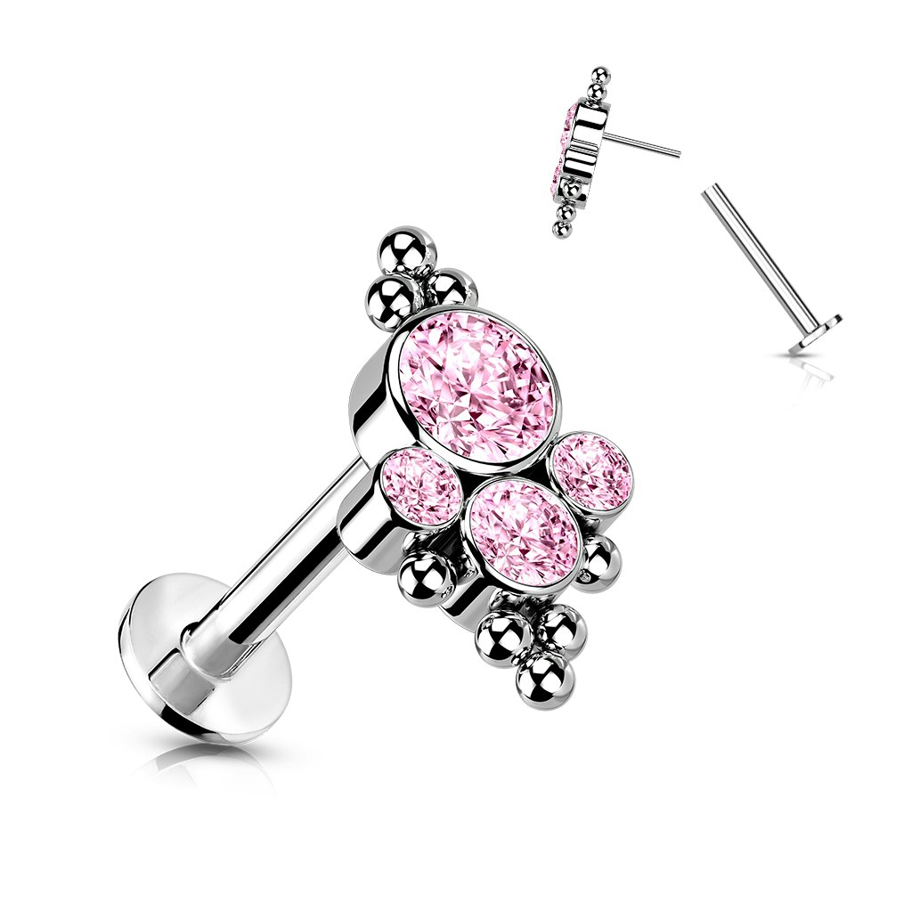 Labret / flat back 1,2mm i titanium treadless med bollkluster och kubisk zirconia