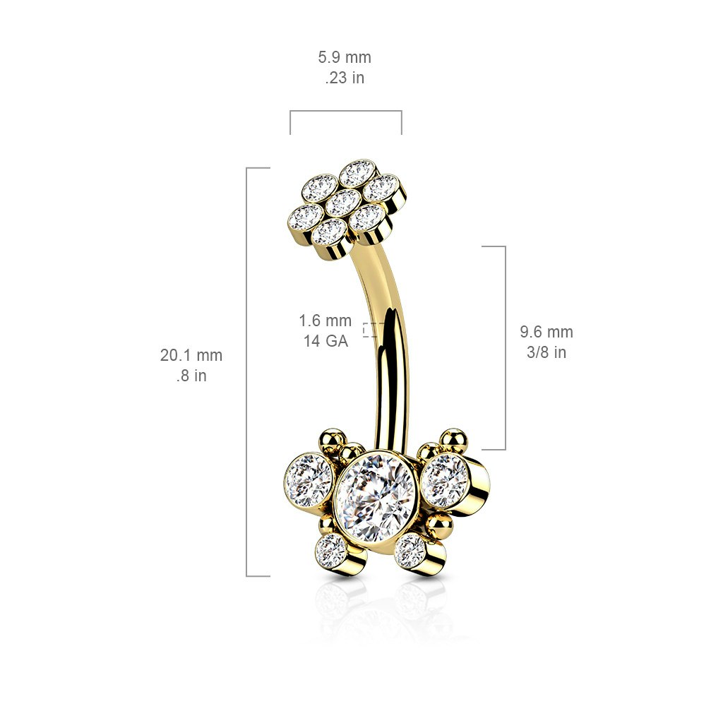 Navelsmycke i kirurgiskt stål 1,6mm invändigt gängad med kubisk zirconia blomma och fjäril