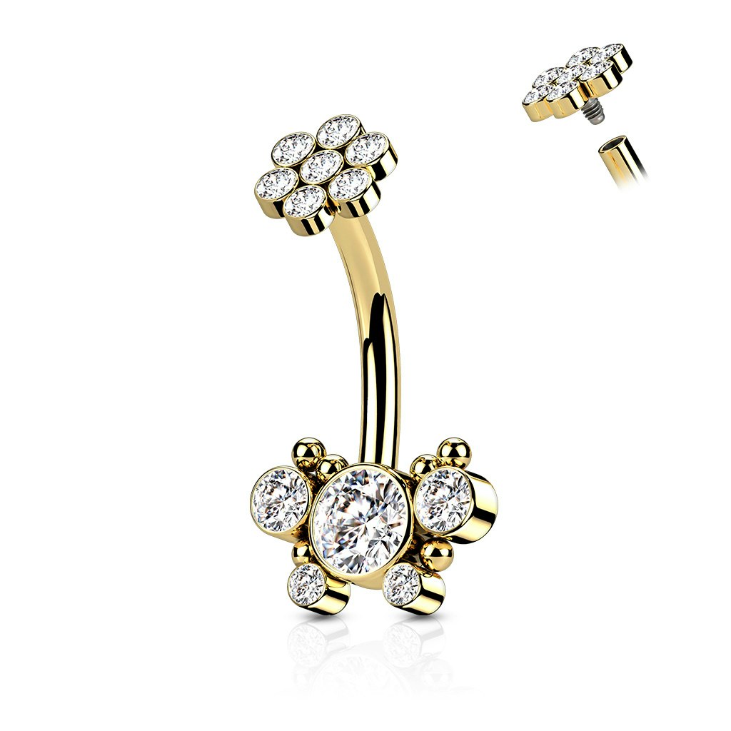 Navelsmycke i kirurgiskt stål 1,6mm invändigt gängad med kubisk zirconia blomma och fjäril